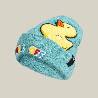 The "Awfully Fond of You" beanie by Goorin Bros. in SHADE features soft knit fabric, a prominent yellow duck patch, and colorful "FUCK OFF" embroidery on the brim.