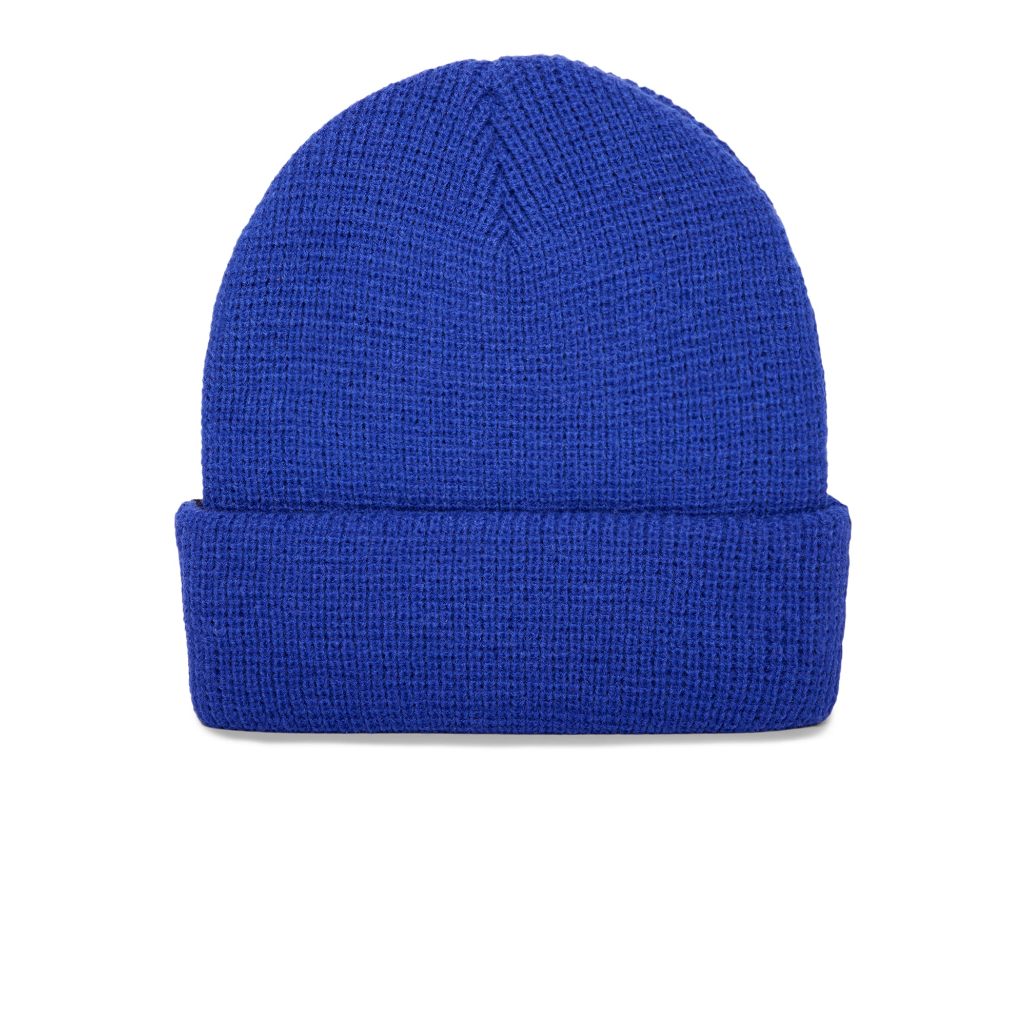 The Stripes Earned beanie by Goorin Bros., featuring a bright blue knit and folded brim, is displayed against a white background.