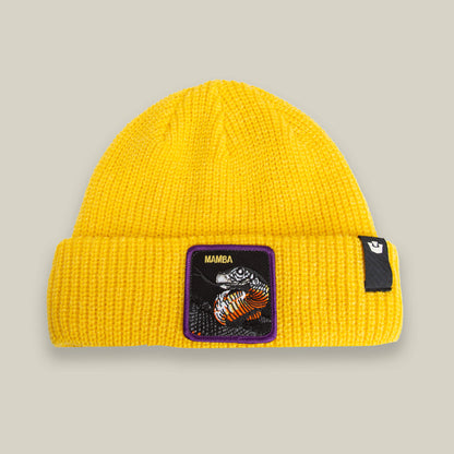 The Mamba Beanie by Goorin Bros. in BEAM features a folded brim, a coiled snake patch with "MAMBA," and a small black side tag.