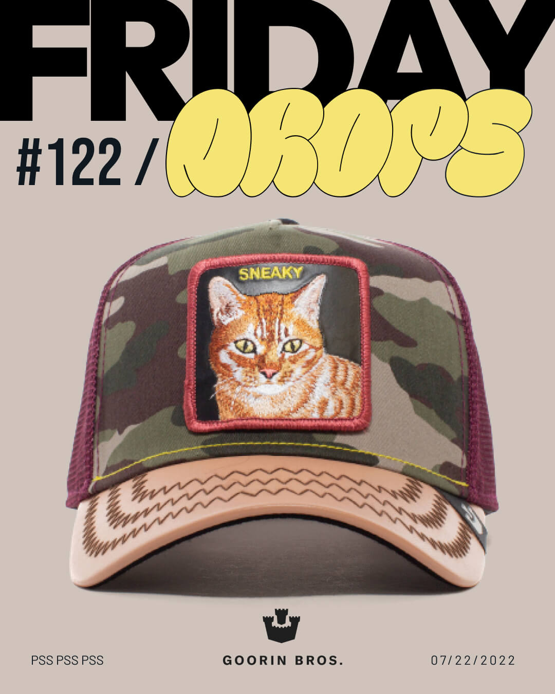 A bold hat design from Goorin, this camouflage trucker hat features a patch with an orange tabby cat and the word SNEAKY. Part of the Friday drop on 07/22/2022, it's among Goorin’s most durable hats.