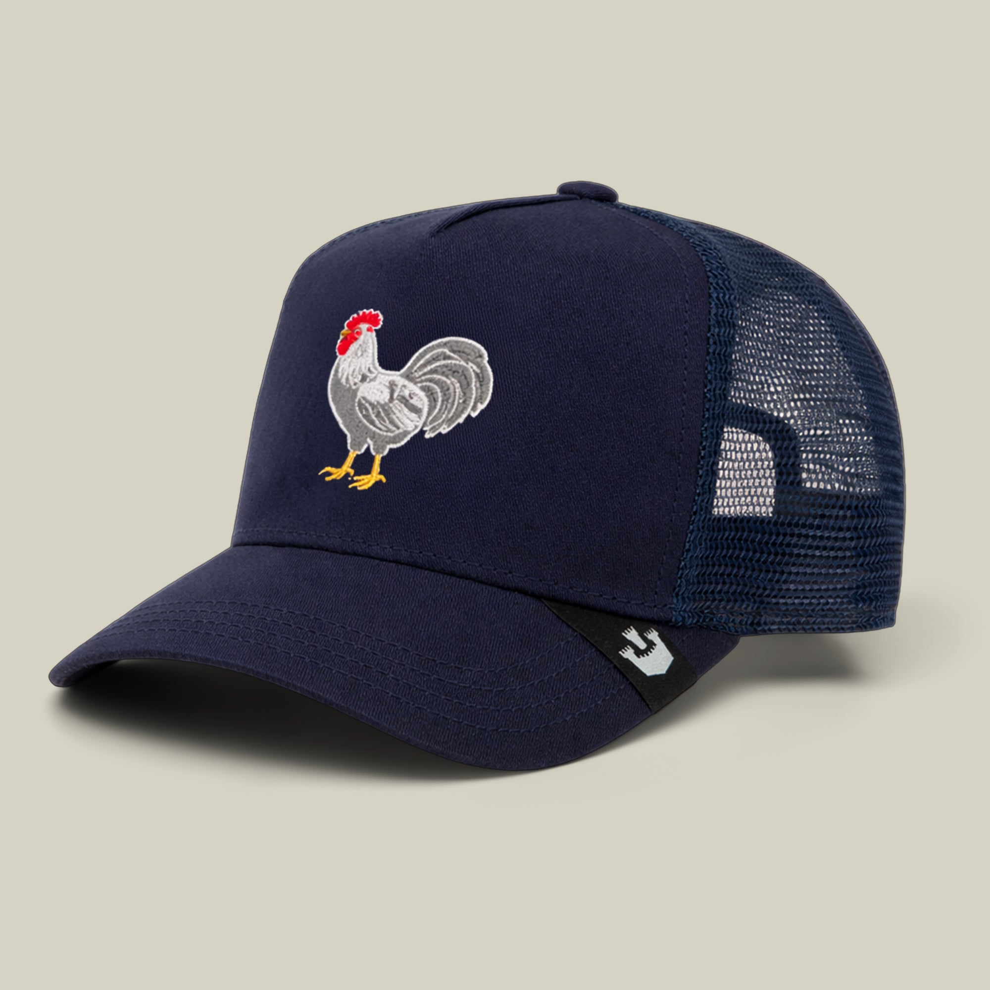 Grab the Gone Cockfishin' navy mesh trucker hat by Goorin Bros., featuring an embroidered rooster on the front—only $5 as a launch day special with free shipping!.