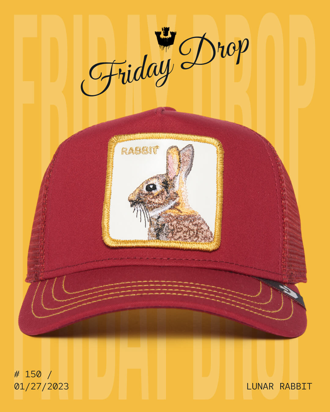 A red baseball cap featuring a square patch with an embroidered rabbit and the word “RABBIT.” Text on the background reads “Friday Drop.” Date and product details are shown at the bottom. Perfect for fans of bold hat designs.