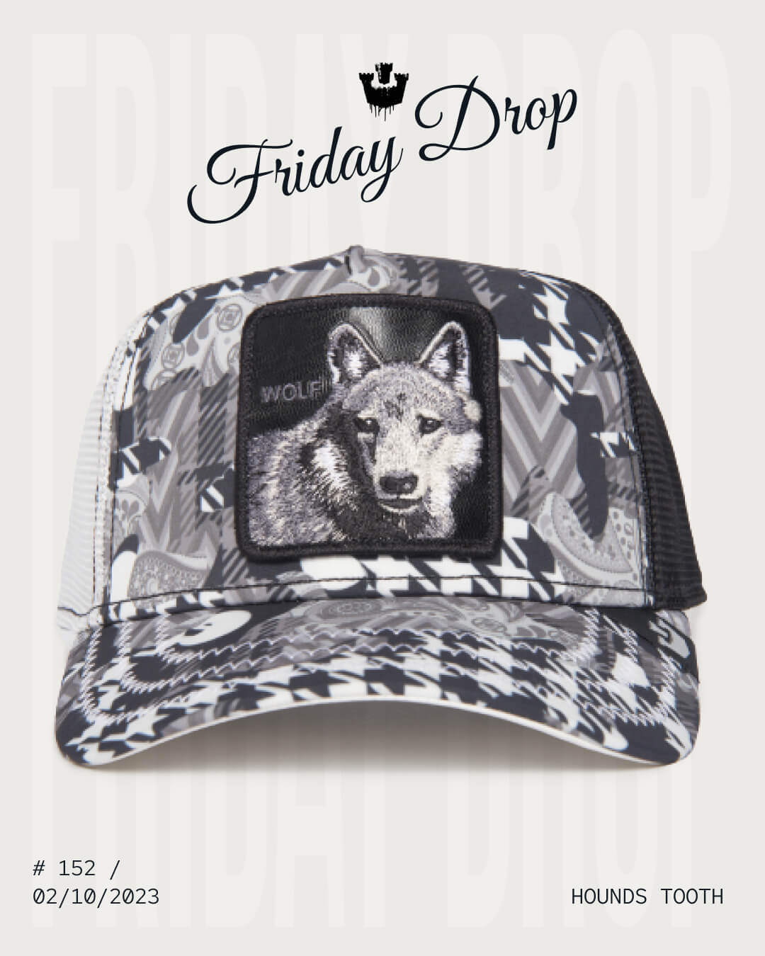 Black and white trucker hat with a geometric pattern and a patch featuring a wolf’s head on the front. Text above reads Friday Drop. Perfect for fans of bold hat designs. Date and product info are at the bottom.