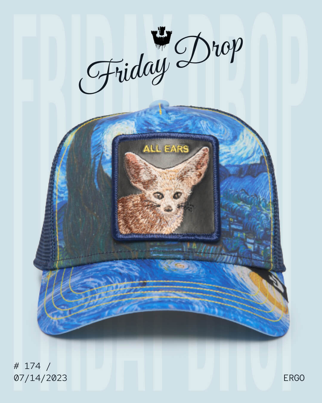 Blue trucker hat featuring a patch with a fennec fox and the text ALL EARS on the front—an eye-catching choice for fans of bold hat designs. Set against a backdrop with Friday Drop text and release details.