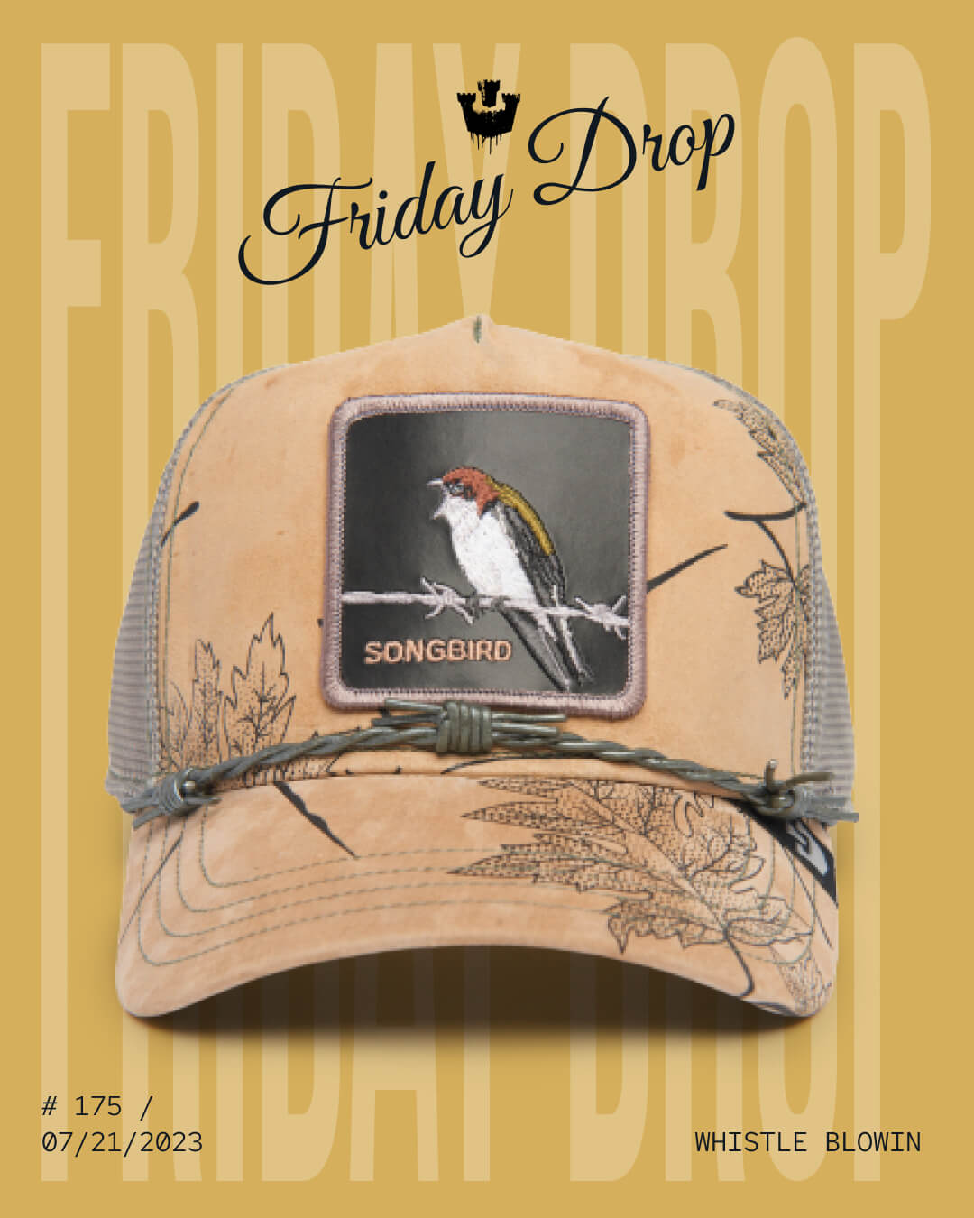 A tan mesh trucker hat with leaf designs and a patch featuring a bird labeled SONGBIRD is displayed against a yellow background with the text Friday Drop, showcasing Goorin’s bold hat designs.