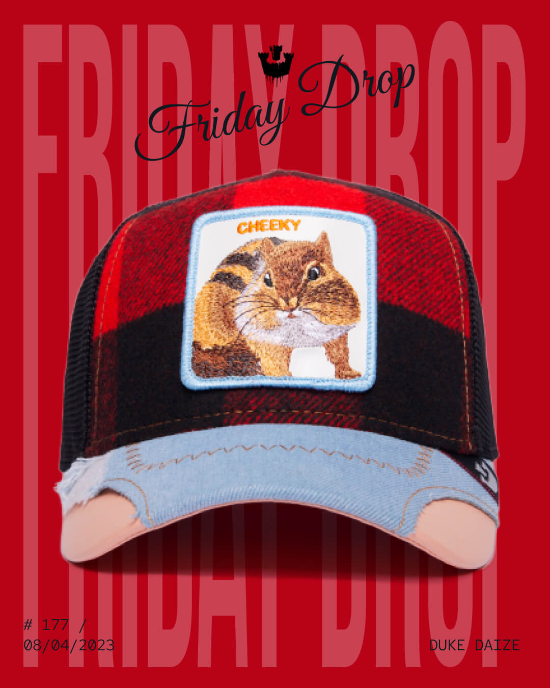 A red and black plaid Goorin cap with a chipmunk patch labeled CHEEKY is displayed on a red background with Friday Drop text, adding playful charm to classic trucker hats style.