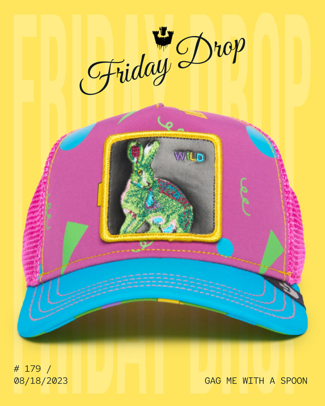 A colorful, American made trucker hat with a patch of a rabbit and the word WILD on the front, displayed on a bright yellow background with Friday Drop text above—perfect for fans of bold hat designs.