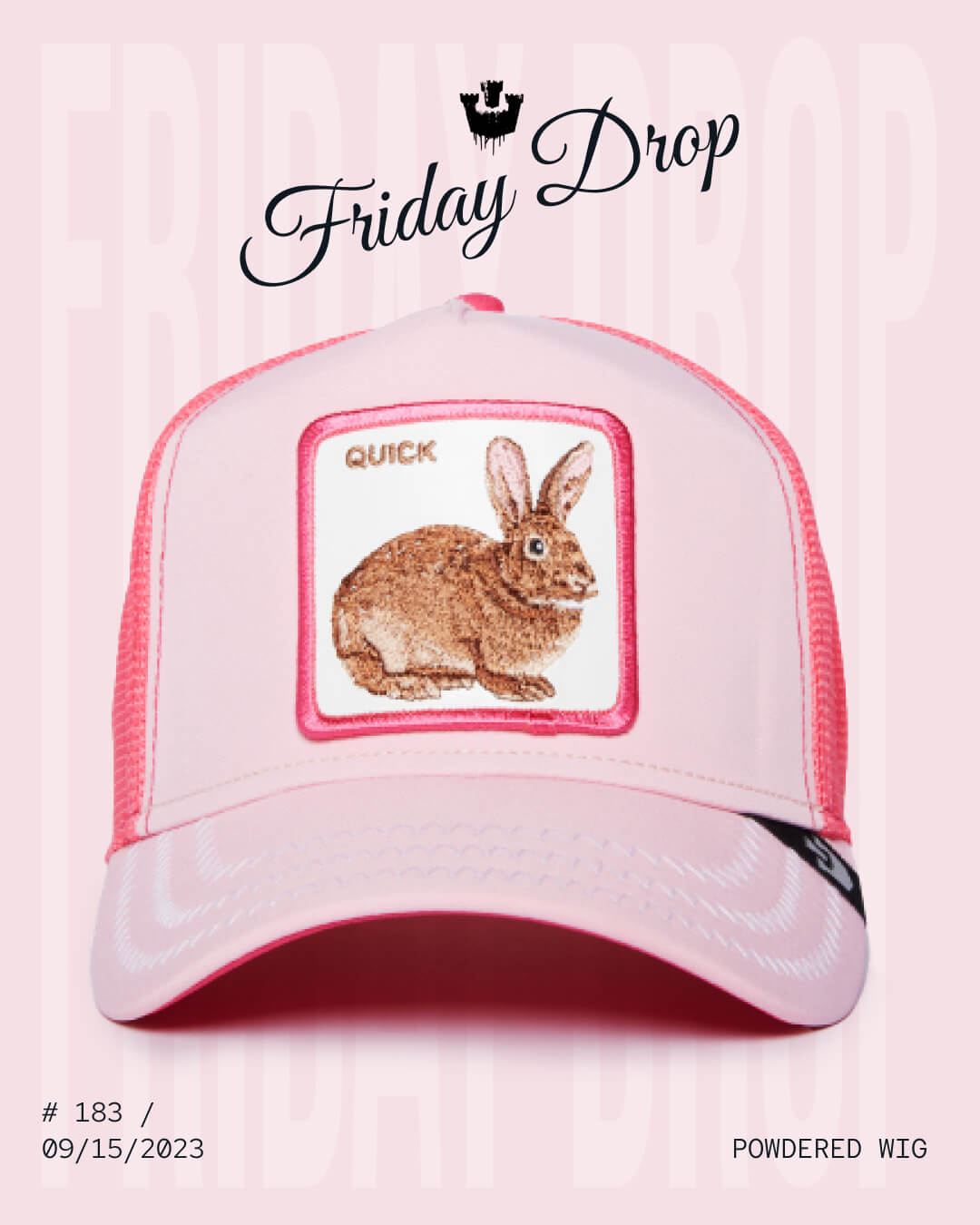 A pink trucker hat by Goorin features an embroidered patch of a brown rabbit with the word QUICK above it; text on the image reads Friday Drop and includes release details. Explore more American made styles and fedora hats in our collection.