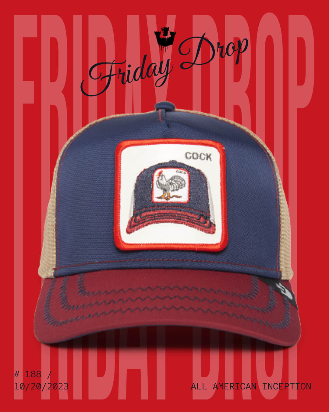 A blue and beige mesh trucker hat by Goorin with a red brim, featuring a front patch with a rooster and the word COCK on a red background. Part of Friday Drop—perfect for those who love bold, durable hats.
