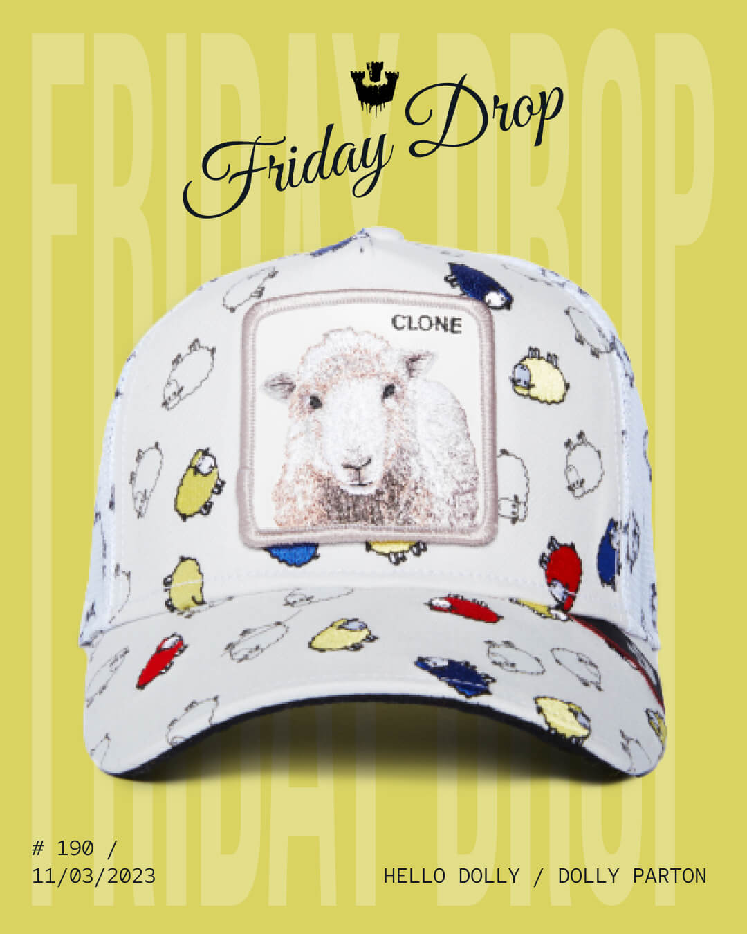A bold hat design, this white cap features a sheep illustration patch labeled CLONE and small multicolored sheep, set against a yellow background with Friday Drop text—an American made standout.