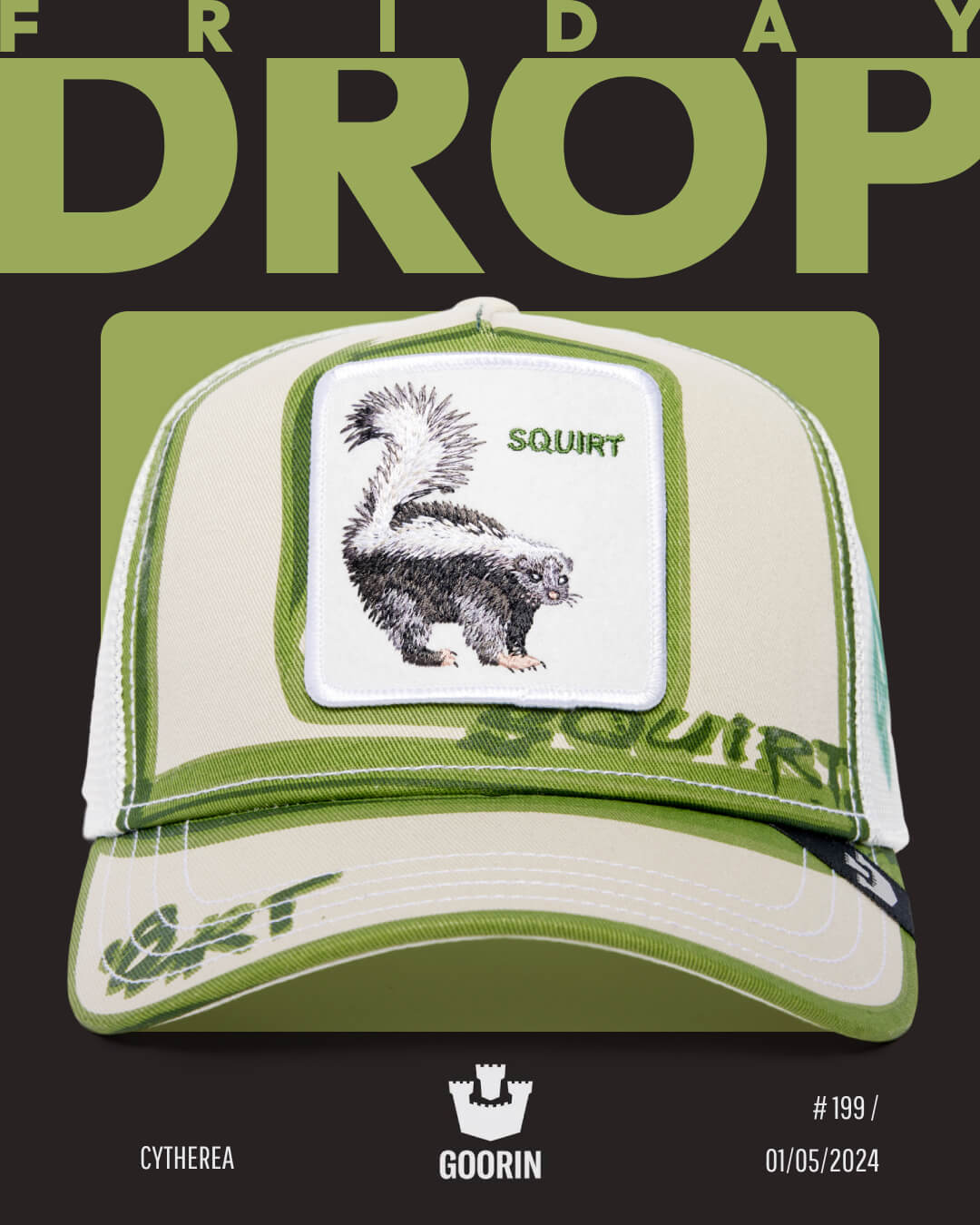 A beige and green Goorin trucker hat featuring a skunk patch labeled SQUIRT is displayed against a graphic backdrop with the text FRIDAY DROP, showcasing bold hat designs and product details.