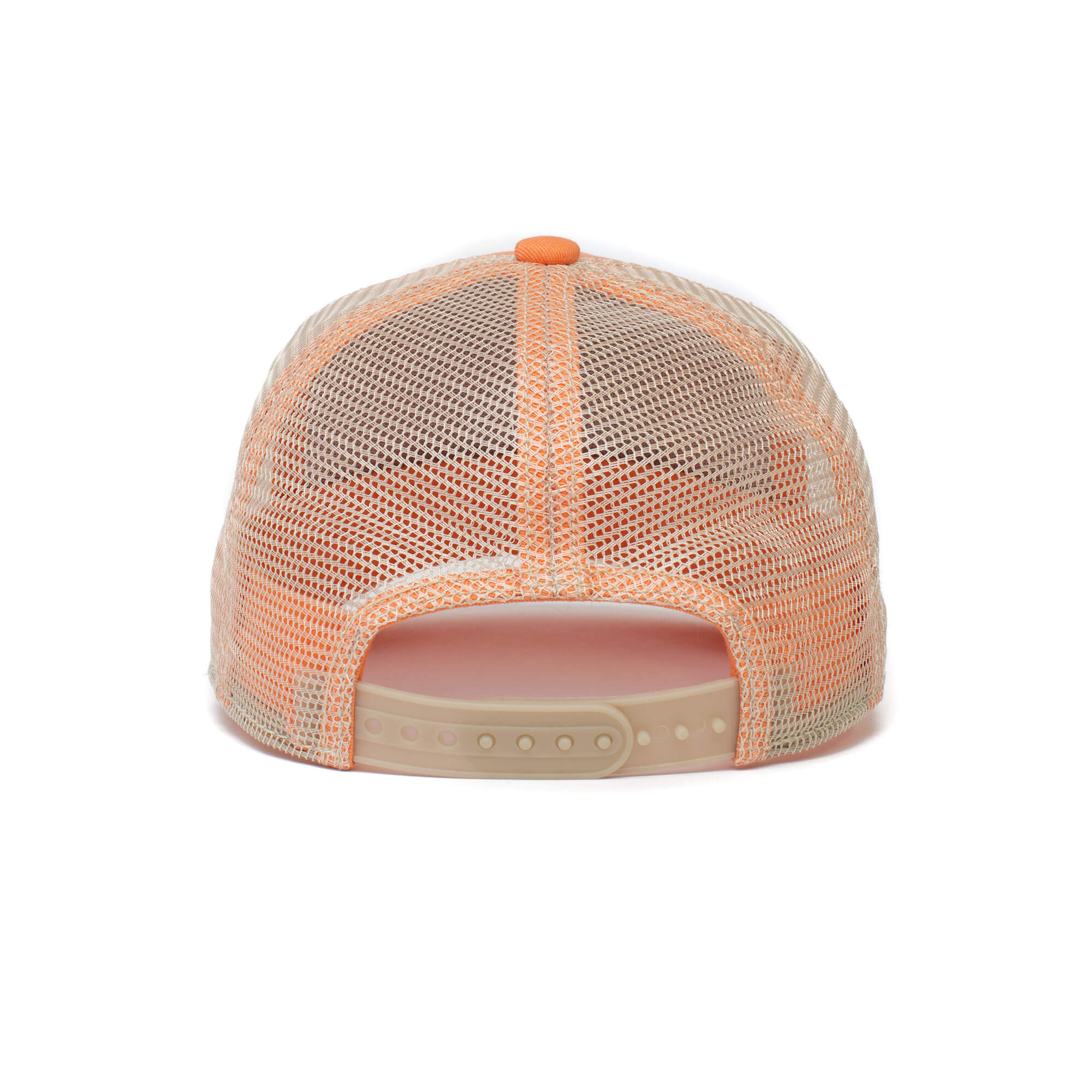 Back view of The Farm’s Little Lady orange mesh adjustable trucker hat with a snapback closure, perfect for kids aged 4-10.