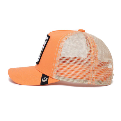 Side view of The Farm’s "Little Lady" orange adjustable trucker hat for kids aged 4-10, featuring a mesh back and a small black and white logo tag.