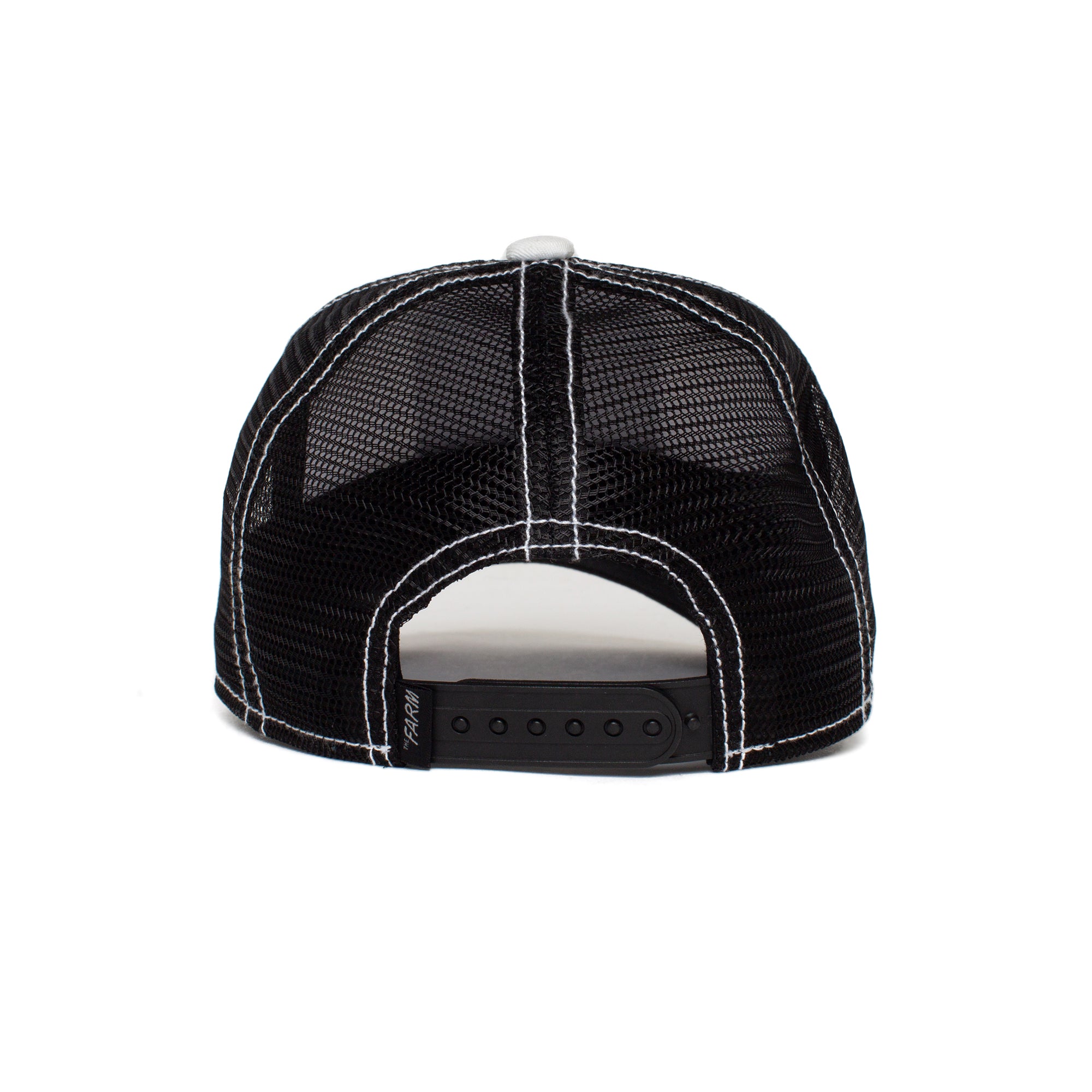The Goorin Bros. Little Stripe is a black mesh trucker hat for kids, shown from the back with white stitching, an adjustable snapback closure, and a playful animal patch.
