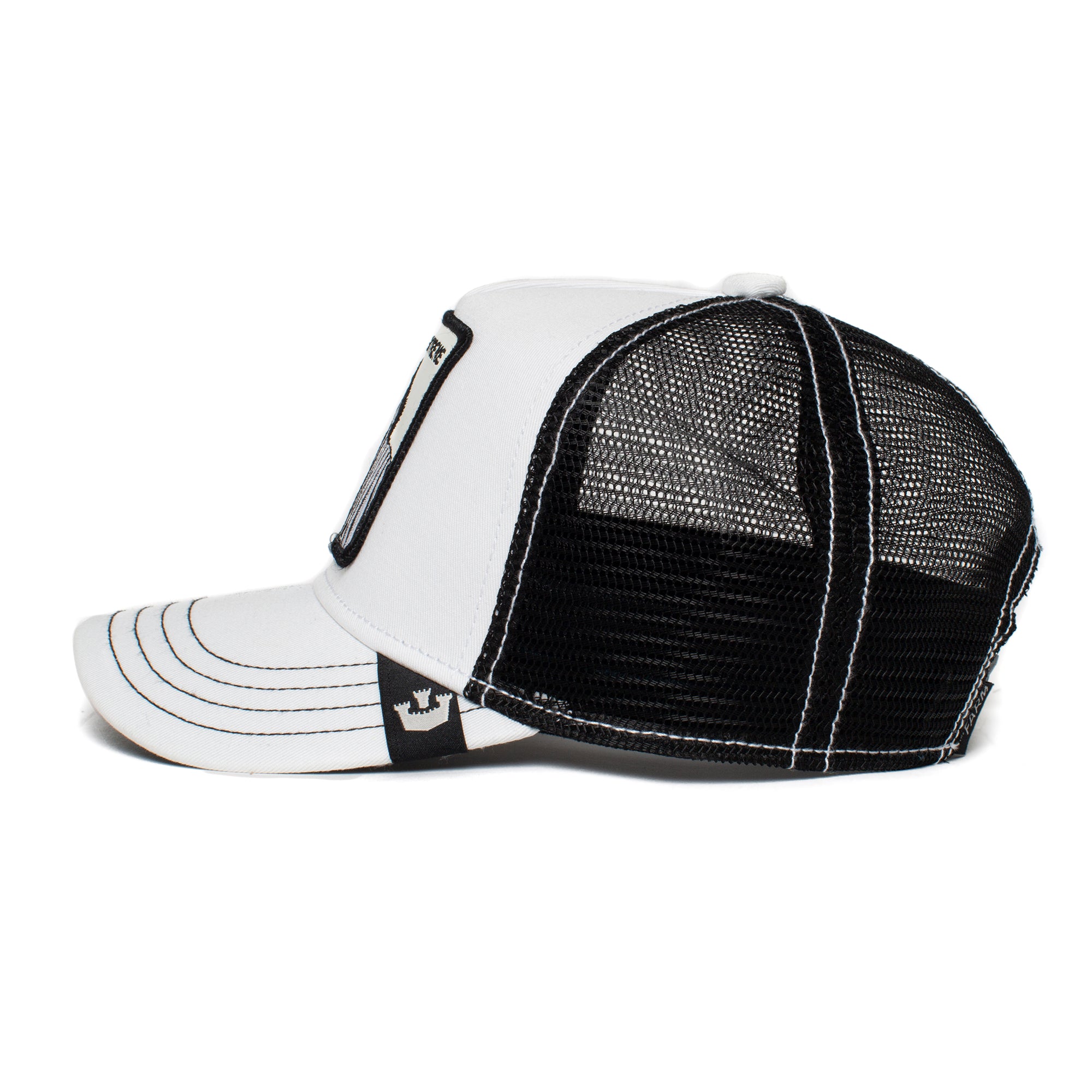 The Goorin Bros. Little Stripe hat features a black and white zebra print, mesh back, and stitched animal patch on the front panel, shown in a side profile view.