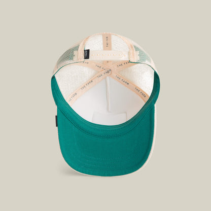 A top-down view of the Goorin Bros. Lil Far Out kids cap in teal and white showcases its interior labels, adjustable snapback strap, and breathable design—ideal for active days.