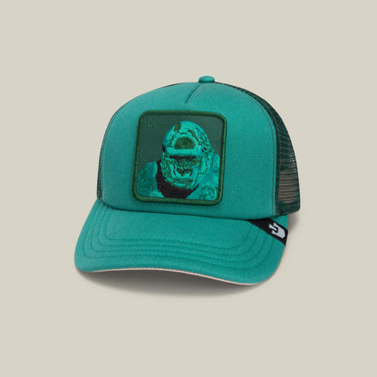 The Lil Boss by Goorin Bros. is a green mesh snapback trucker hat with a front patch featuring a gorilla face—making it the perfect playful kids’ gorilla cap.