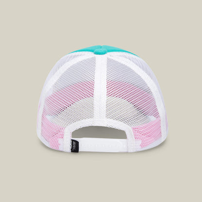 Back view of the Goorin Bros. Do Do Doodoo Doodoo white mesh baseball cap, featuring an adjustable snap closure and a teal button on top, displayed against a plain beige background—an ideal children’s hat that effortlessly combines comfort with playful style.