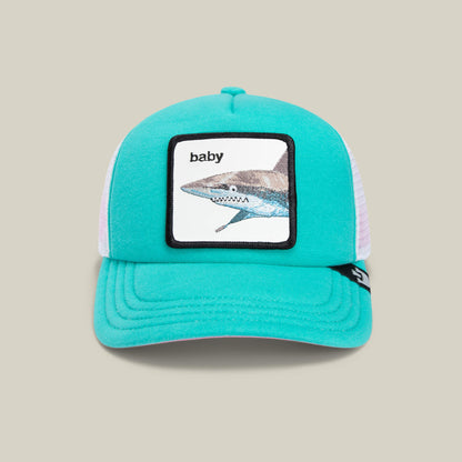 A teal kids aqua mesh cap by Goorin Bros., called “Do Do Doodoo Doodoo,” features a breathable back and an embroidered patch hat design with a shark and the word “baby” on the front—perfect for any baby shark cap fan.