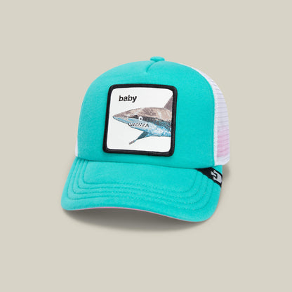 Aqua mesh kids cap from Goorin Bros., the “Do Do Doodoo Doodoo,” features a playful turquoise baby shark design and the word “baby” on an embroidered front patch, with a white mesh back for breathability—perfect for everyday adventures.