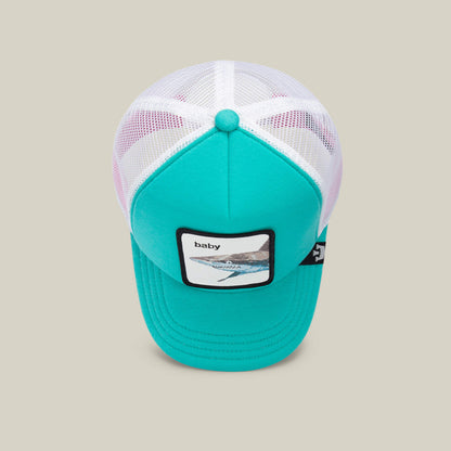 A turquoise and white mesh trucker hat by Goorin Bros., named “Do Do Doodoo Doodoo,” makes a perfect aqua kids cap and features a front patch with the word “baby” alongside an abstract design.