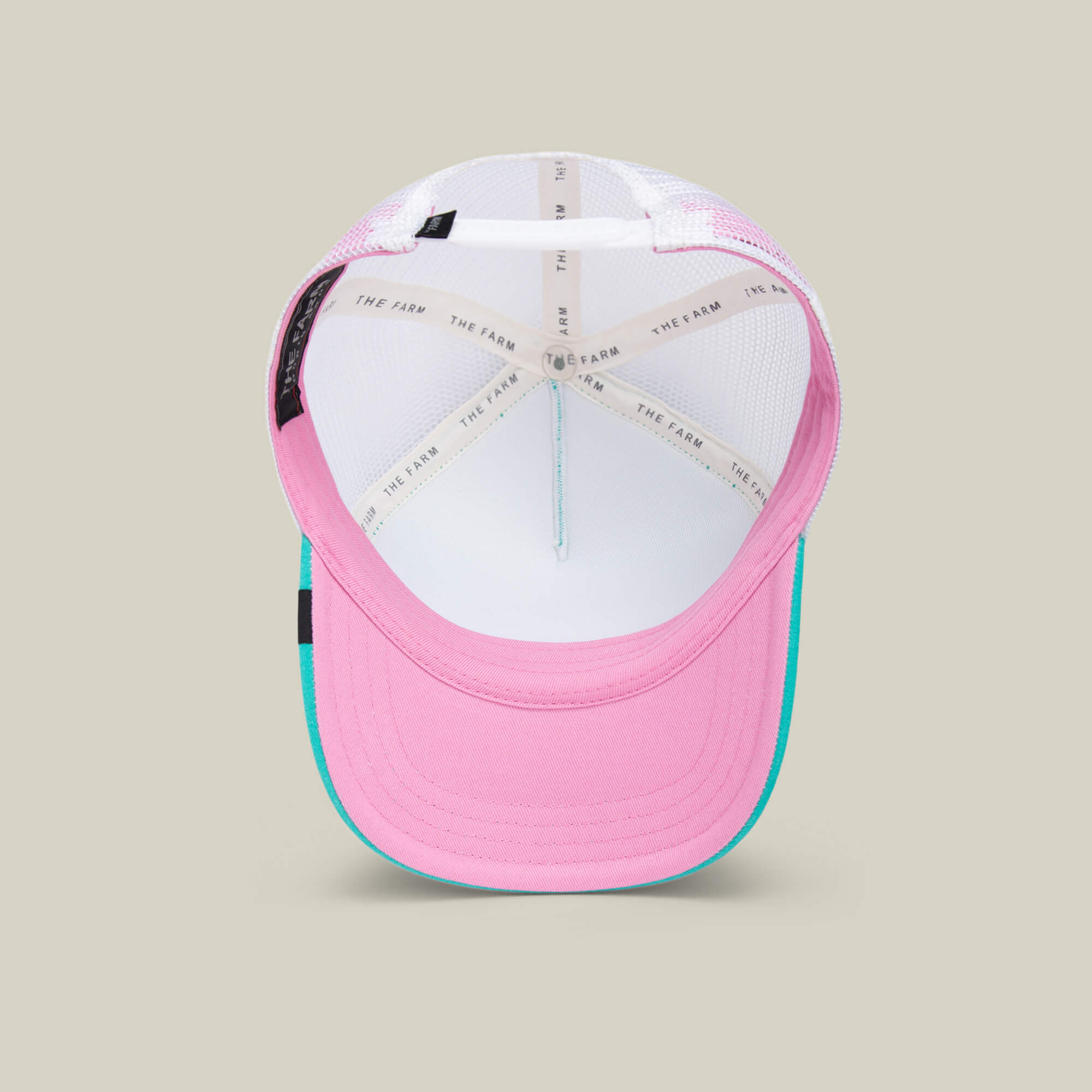 A view from underneath the Goorin Bros. Do Do Doodoo Doodoo kids cap reveals its pink and turquoise aqua design, featuring a white mesh back, internal hat band, and crisscrossed inner support.