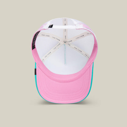 A view from underneath the Goorin Bros. Do Do Doodoo Doodoo kids cap reveals its pink and turquoise aqua design, featuring a white mesh back, internal hat band, and crisscrossed inner support.