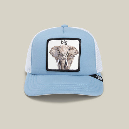 The So Big cap by Goorin Bros. is a kids’ light blue and white hat with a sky blue mesh back and an embroidered elephant patch, featuring the word “big” above it.