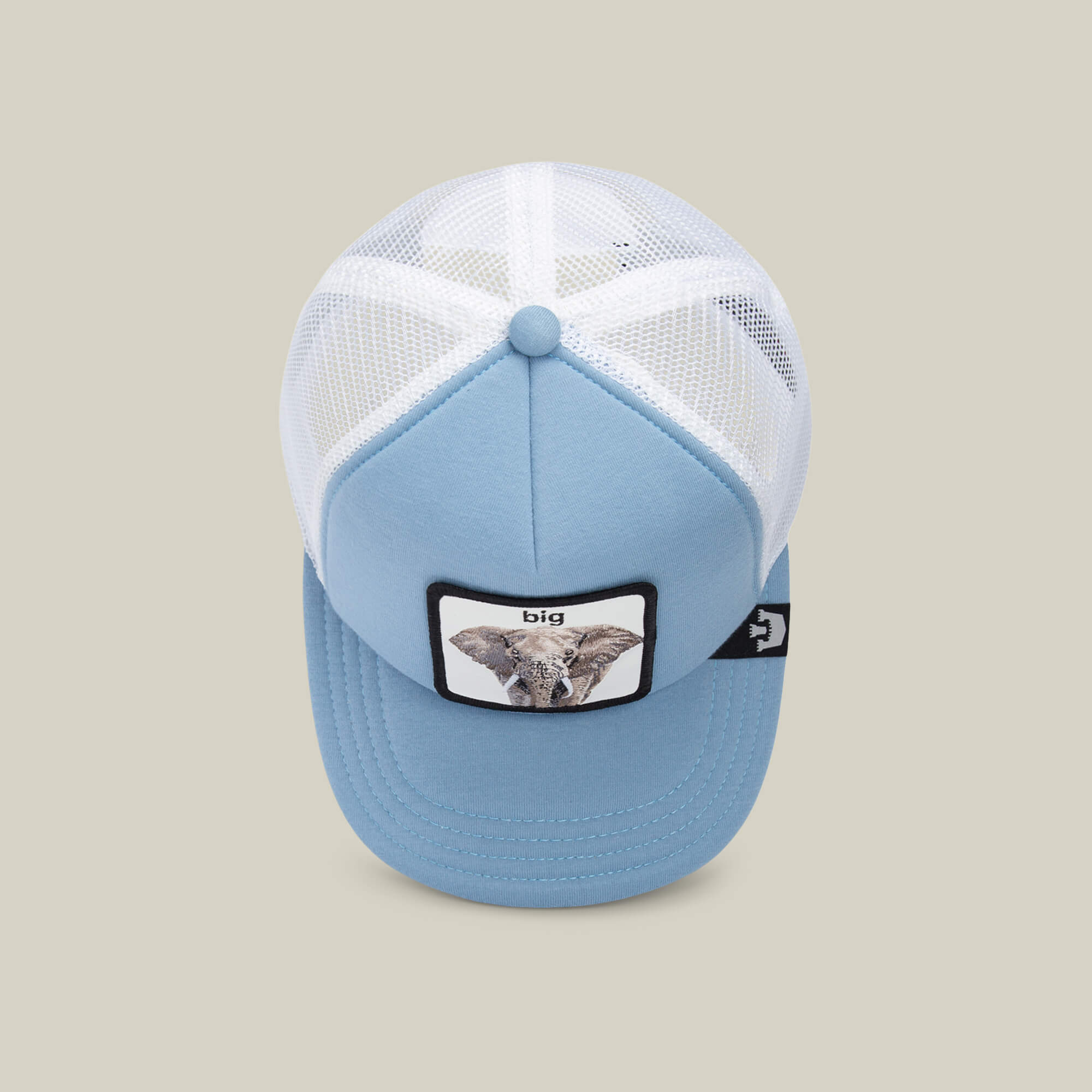 The So Big kids cap by Goorin Bros. features a sky blue mesh back, a white front, and an embroidered elephant patch with the word "big" on the front.