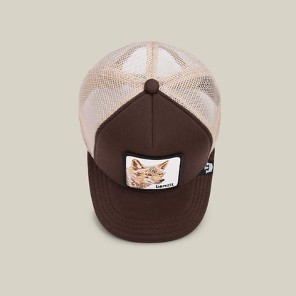 The Chaser by Goorin Bros. is a kids’ brown and beige cap with a breathable mesh back and a front patch showing an illustrated cat and the word "bandit.