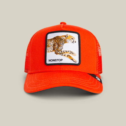 Front view of The Nonstop Cheetah Mini kids cap by Goorin Bros., featuring an orange crown, mesh trucker style, and a patch with a cheetah and "NONSTOP" embroidered below.
