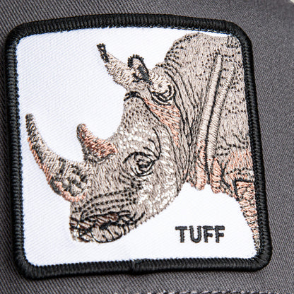 A close-up of The Tuff Rhino Mini patch by Goorin Bros., featuring an embroidered rhino and "TUFF" on dark fabric—ideal for adding bold style to any charcoal crown or mesh back cap.
