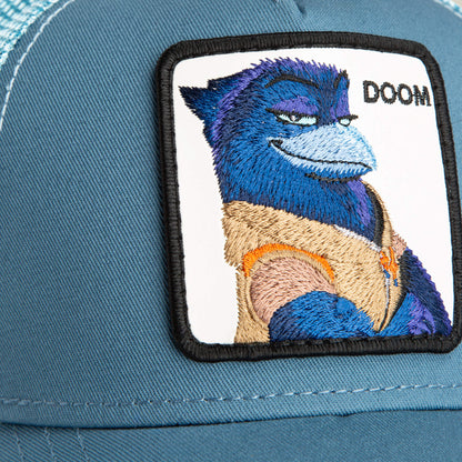 Close-up of the Goorin Bros. BG2 - Doom (KIDS) cap, featuring a blue fabric with an embroidered patch of a smirking blue and purple animal and "DOOM" text—perfect for adding playful aviator style to any kid's look.