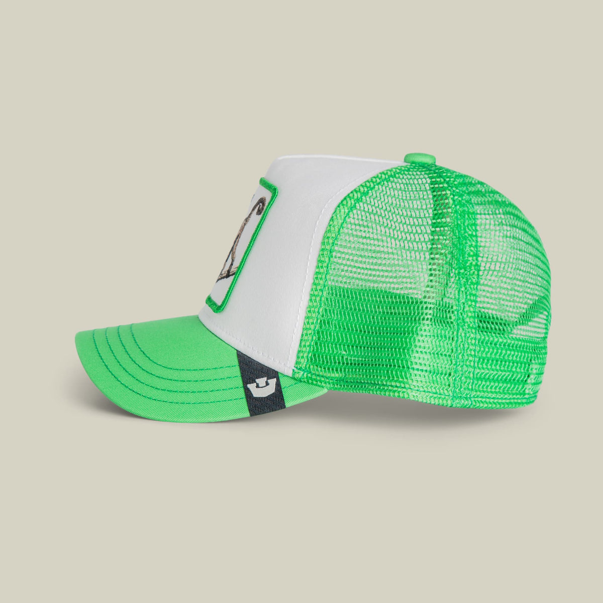 The Goorin Bros. Monkey Mini trucker hat features a neon green mesh back, white front panel, and green bill with a small embroidered logo patch on the side, shown against a neutral background.