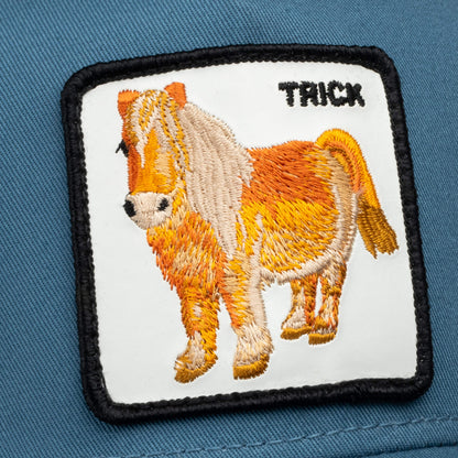 The Goorin Bros. "Dad and Pony Show" rectangular patch features an orange and white horse with "TRICK" on blue fabric—perfect for customizing your matching limited edition dad and kid caps.