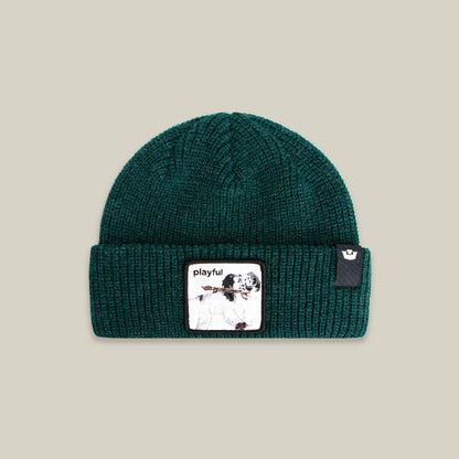The Goorin Bros. Playful Beanie Mini is a cozy green knit kids hat with a folded brim, a dog illustration patch labeled "playful," and a small black side tag—perfect for keeping warm on chilly days.