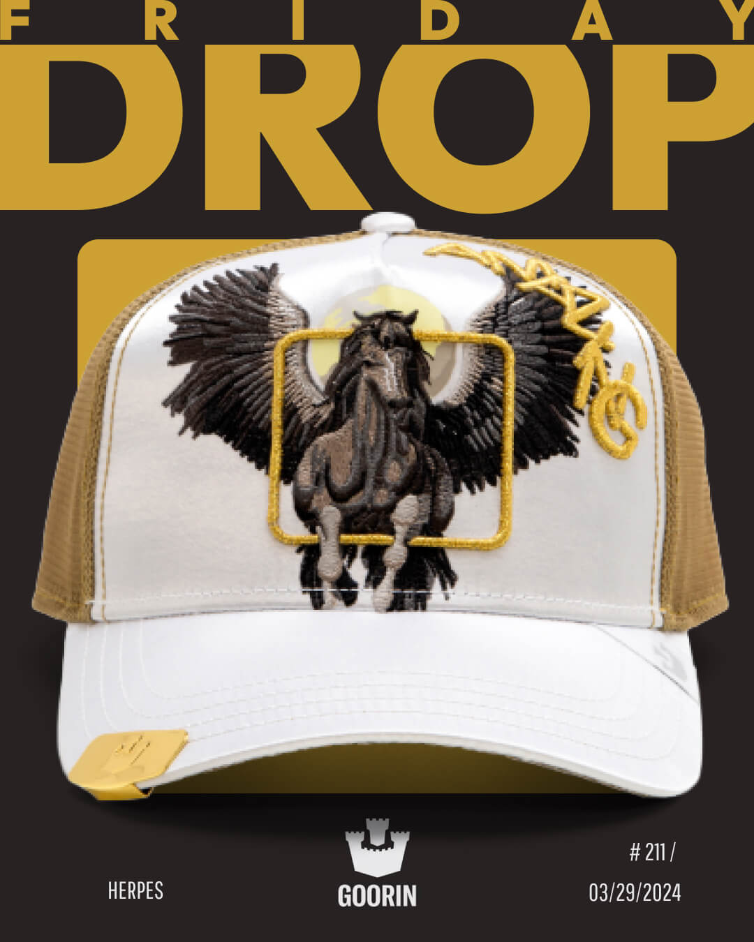 White and gold trucker hat featuring an embroidered Pegasus design, displayed on a black background with Friday Drop text above and product details below. Discover our American made, durable hats perfect for any collection.