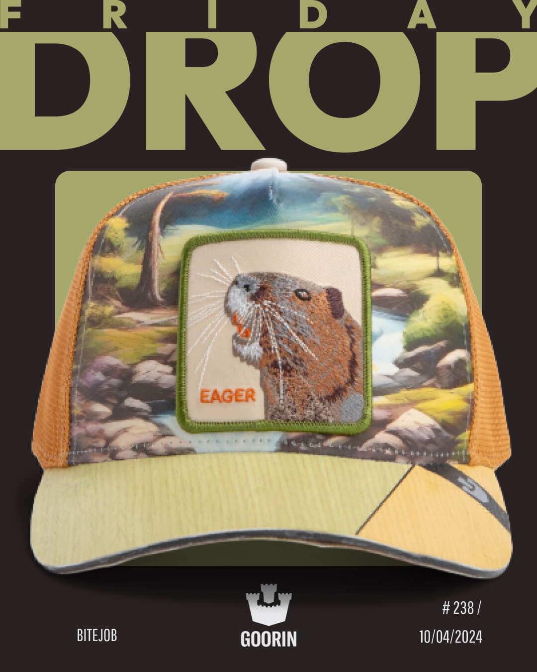 A bold hat design, this trucker hat features an embroidered beaver patch with "EAGER" and a woodland background. Text reads FRIDAY DROP, BITE.JOB, and GOORIN—perfect for fans of stylish and durable hats.
