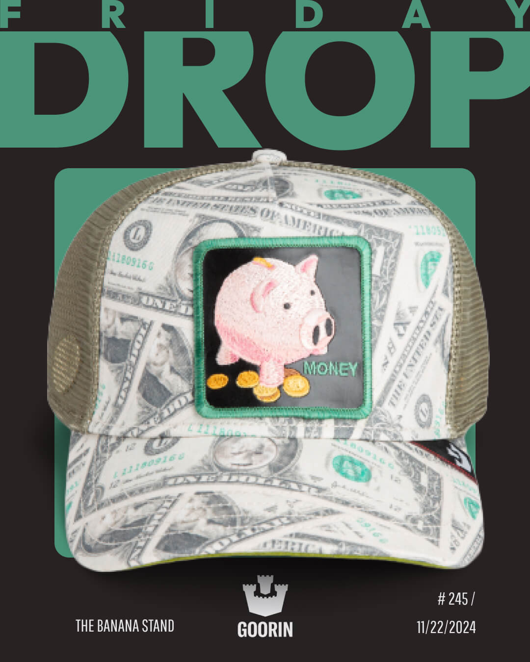 A mesh baseball cap with a dollar bill print and a patch of a piggy bank and coins, labeled MONEY. Bold hat designs from THE BANANA STAND by GOORIN. FRIDAY DROP, #245, 11/22/2024. American made durability you can trust.