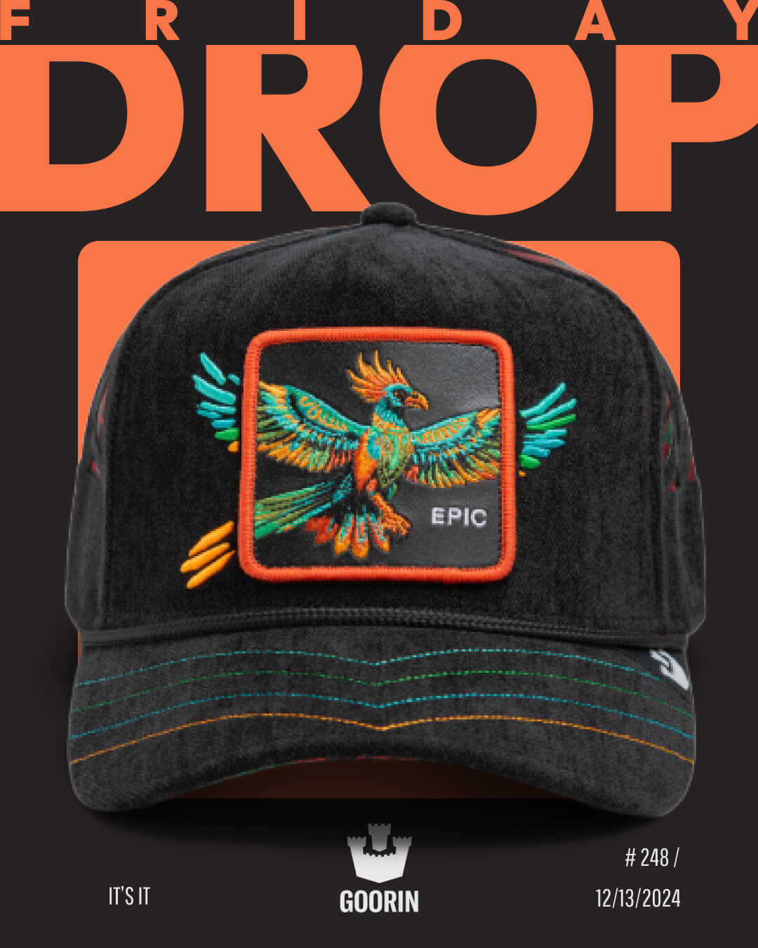 Black Goorin cap featuring a colorful embroidered bird with EPIC on a front patch; orange text reads FRIDAY DROP above this bold hat design.