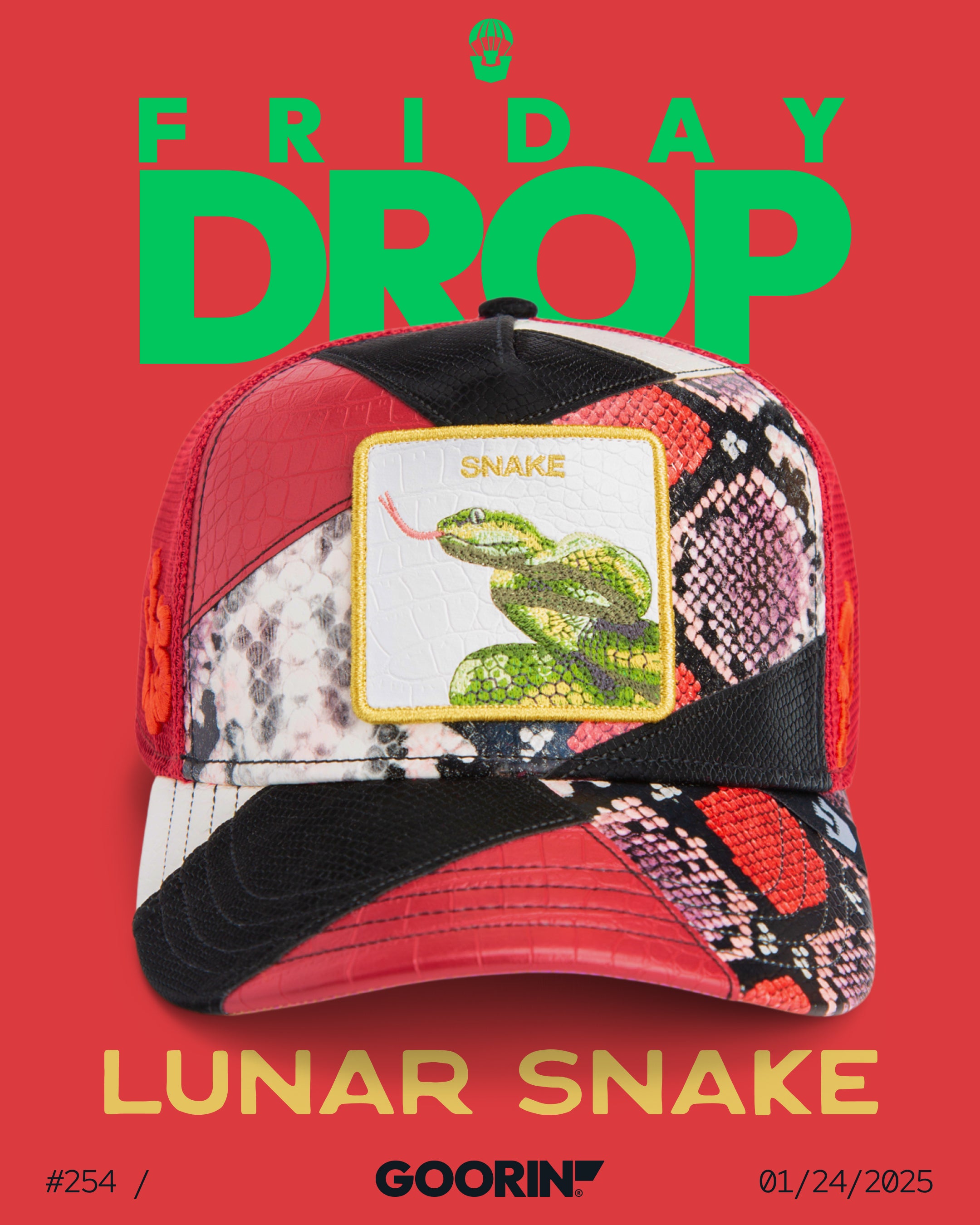 A colorful cap with a green snake patch on the front is displayed against a red background, highlighting bold hat designs with the text Friday Drop and Lunar Snake along with the date 01/24/2025.