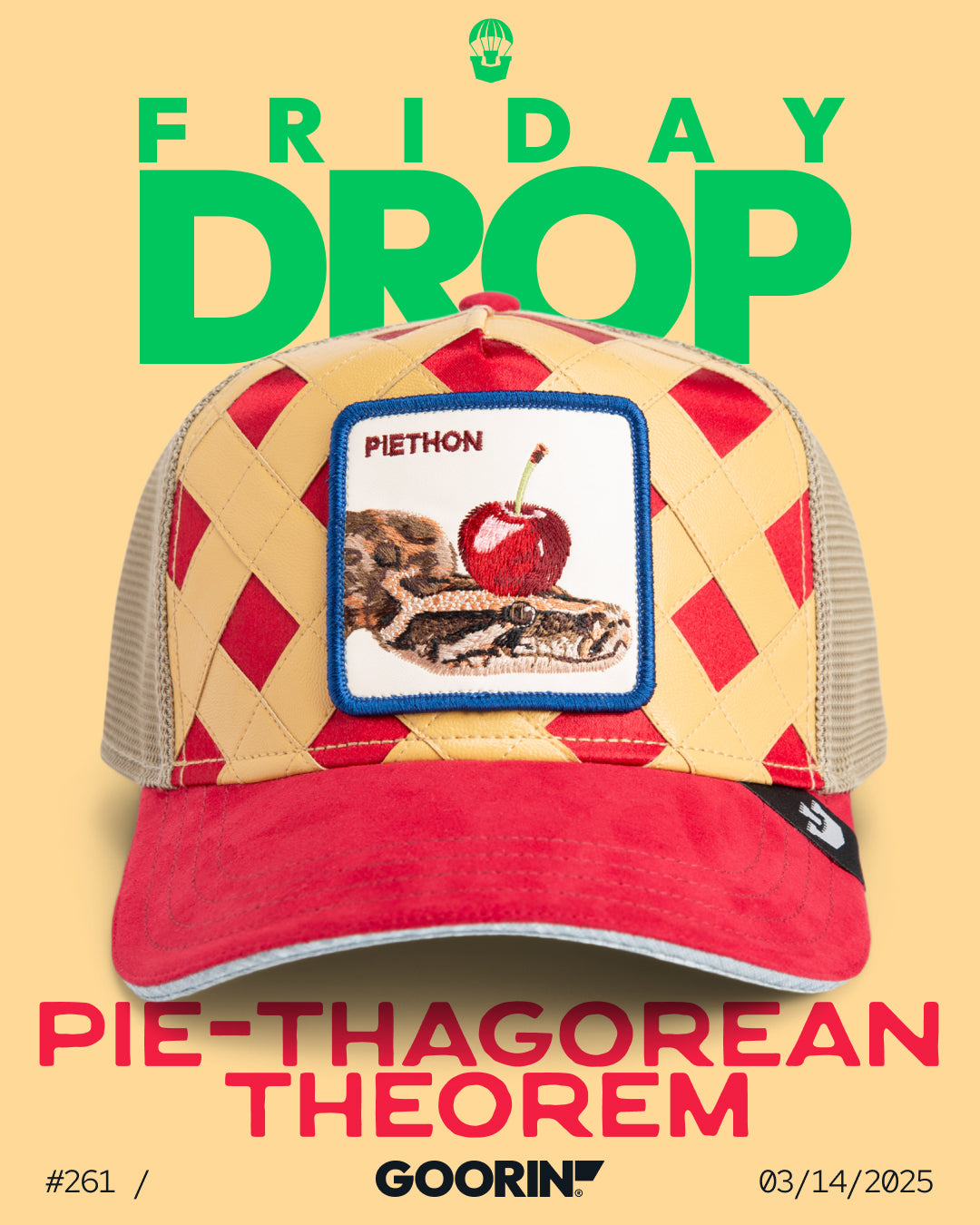 An American made trucker hat with a cherry pie patch and yellow-red checkered pattern is displayed under bold text reading Friday Drop and Pie-thagorean Theorem.