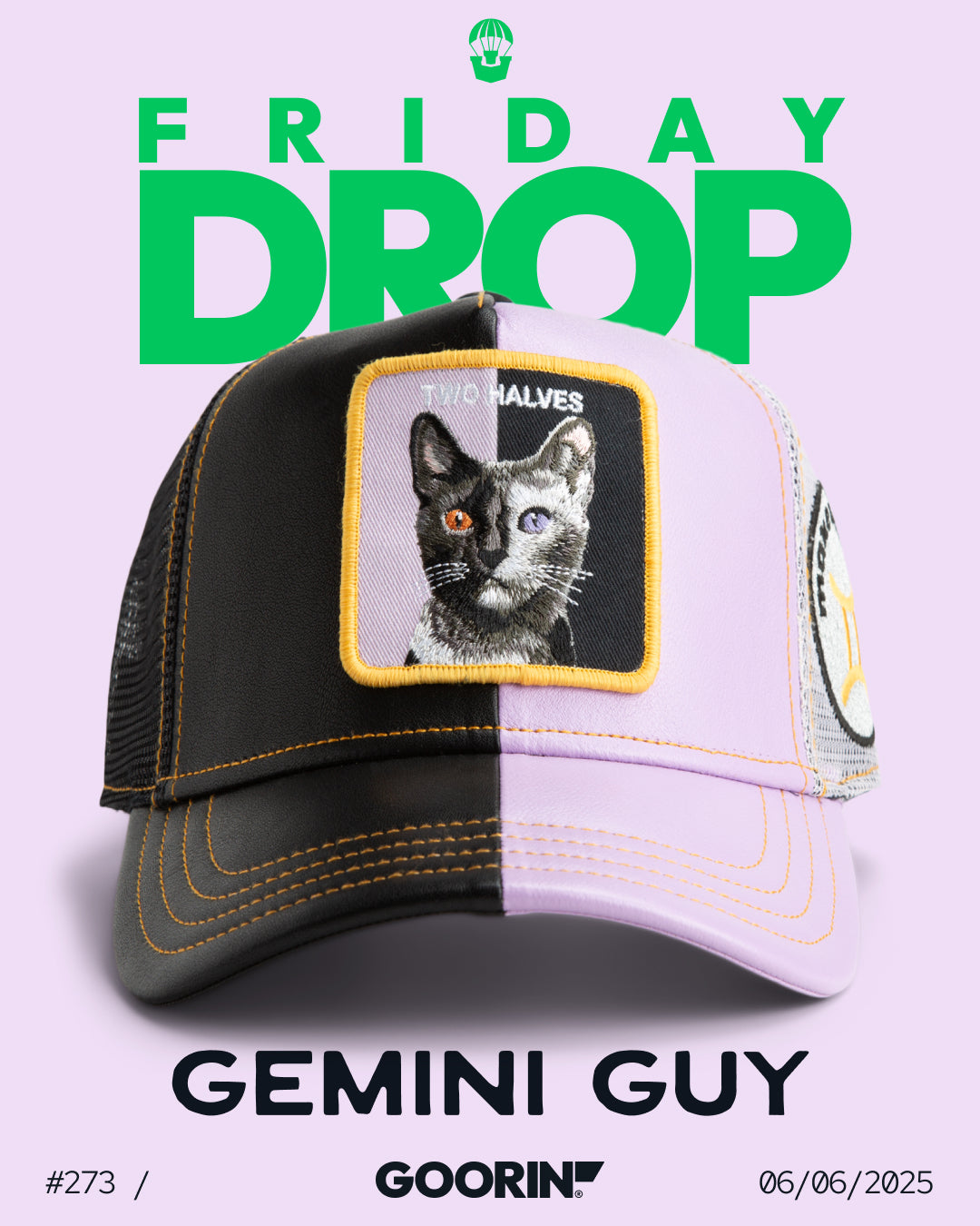 A trucker hat with a split black and lavender design features a patch of a cat with a split-colored face and the words TWO HALVES. Text reads FRIDAY DROP, GEMINI GUY, GOORIN—perfect for fans of bold, durable hats.