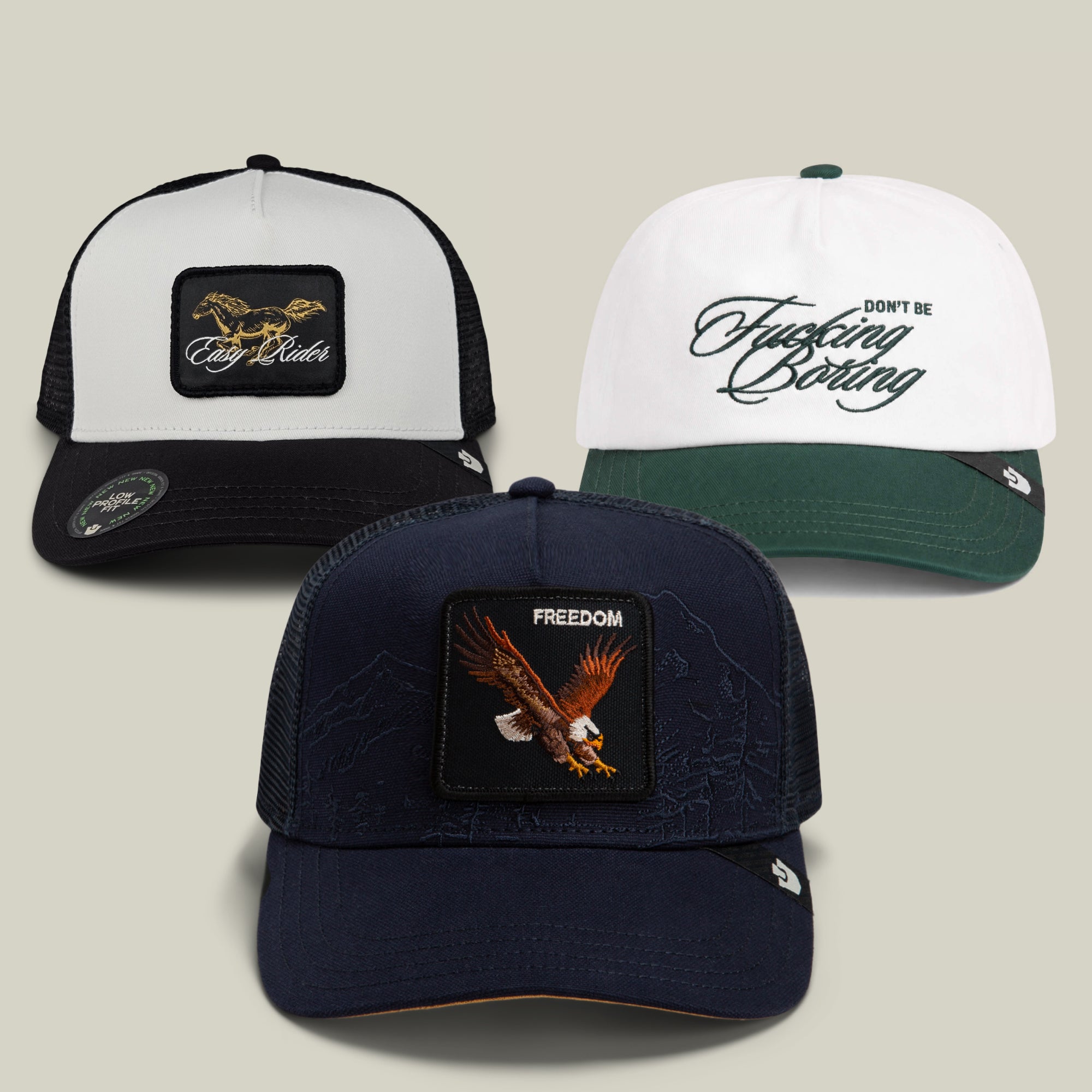 Certainly! Here is the rewritten sentence using your provided product data: The Goorin Bros. 2 Low 2 Pro Bundle includes three unique hats: a white and green baseball cap with cursive text, a black and white hat featuring a motorcycle patch, and a navy cap showcasing an eagle and the word “FREEDOM” on the front.