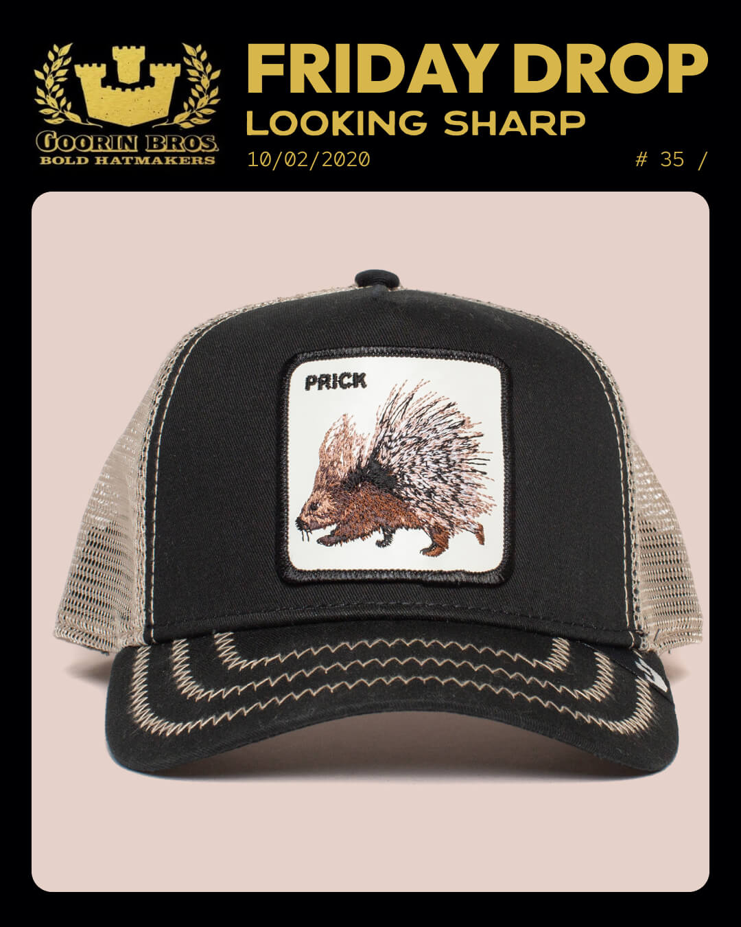A black and beige mesh trucker hat features a patch with a porcupine illustration and the word PRICK above it, showcasing bold hat designs.