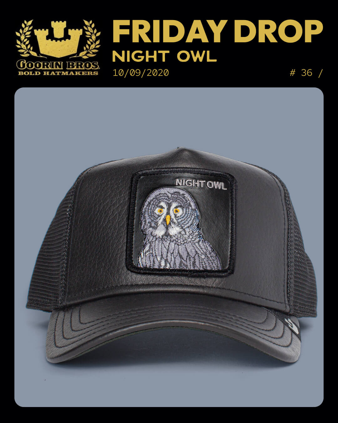 A bold hat design from Goorin, this black mesh trucker features a leather front panel with an owl patch and the words NIGHT OWL. Part of the FRIDAY DROP collection, it’s perfect for those who love standout style.