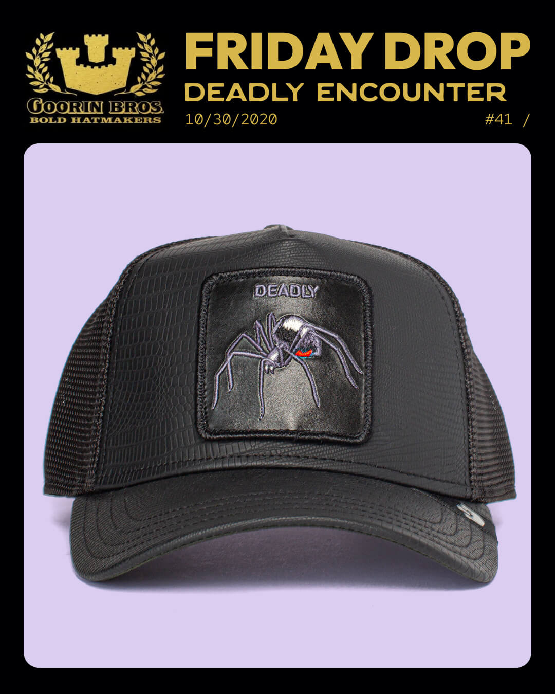 A durable black mesh trucker hat by Goorin, featuring a patch of a spider labeled DEADLY with a red mark on its body, displayed against a light purple background.