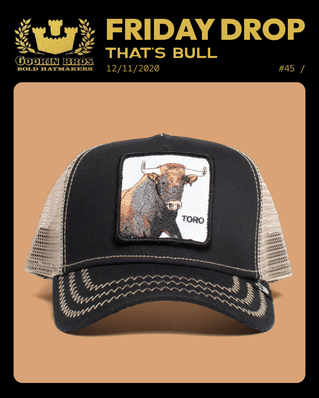 A black and beige mesh trucker hat with a patch of a bull and the word TORO on the front, displayed on a tan background. Discover durable hats crafted with quality—perfect for those who value lasting style.