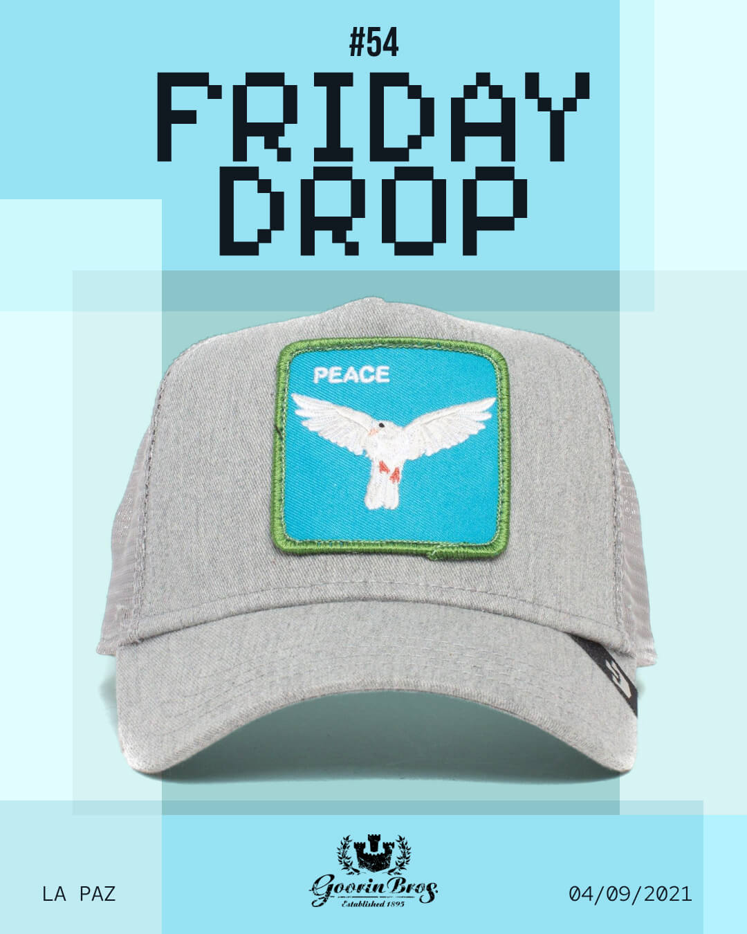 Gray trucker hat with a green patch featuring a white dove and the word PEACE. Bold hat design from Goorin Bros, Friday Drop #54, dated 04/09/2021. Perfect for fans of American made style.