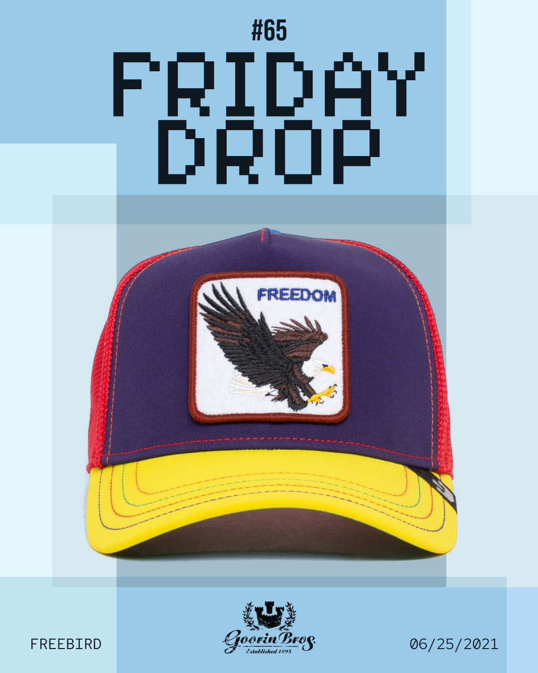 A trucker hat with a yellow brim, red mesh, and a patch featuring an eagle and the word FREEDOM. American made, this style stands out with #65 FRIDAY DROP above.